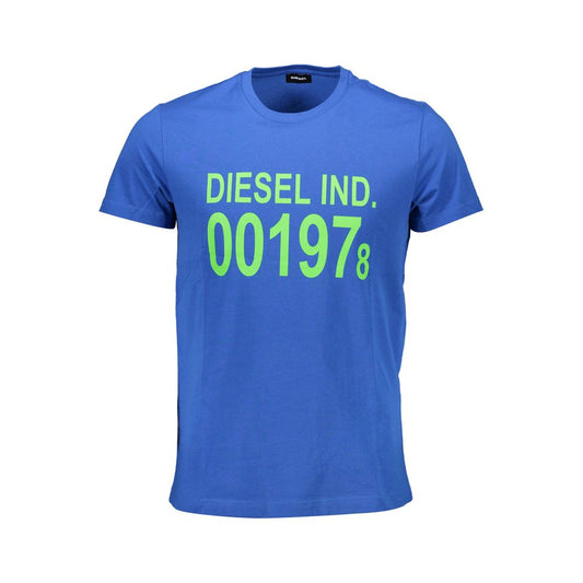 Diesel Blue Cotton Men T-Shirt with bold logo print, short sleeves, crew neck, perfect for fashionable streetwear.