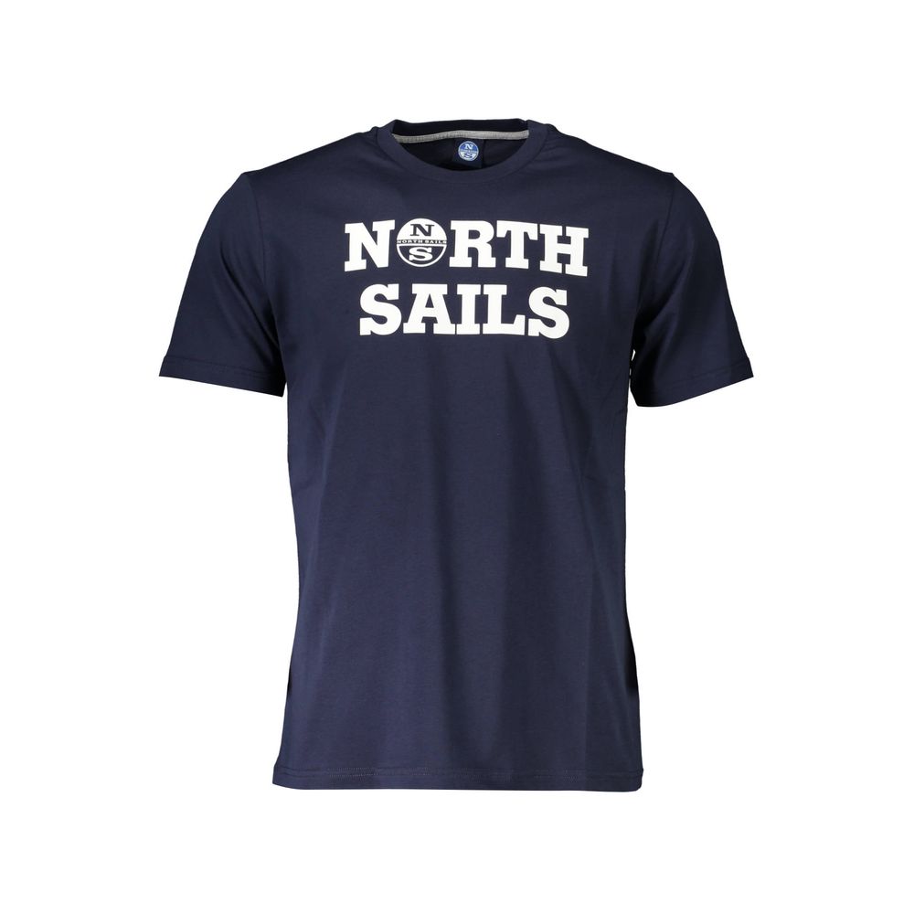 North Sails Blue Cotton Men T-Shirt with logo print, short sleeve crew neck, showcasing casual style and comfort.