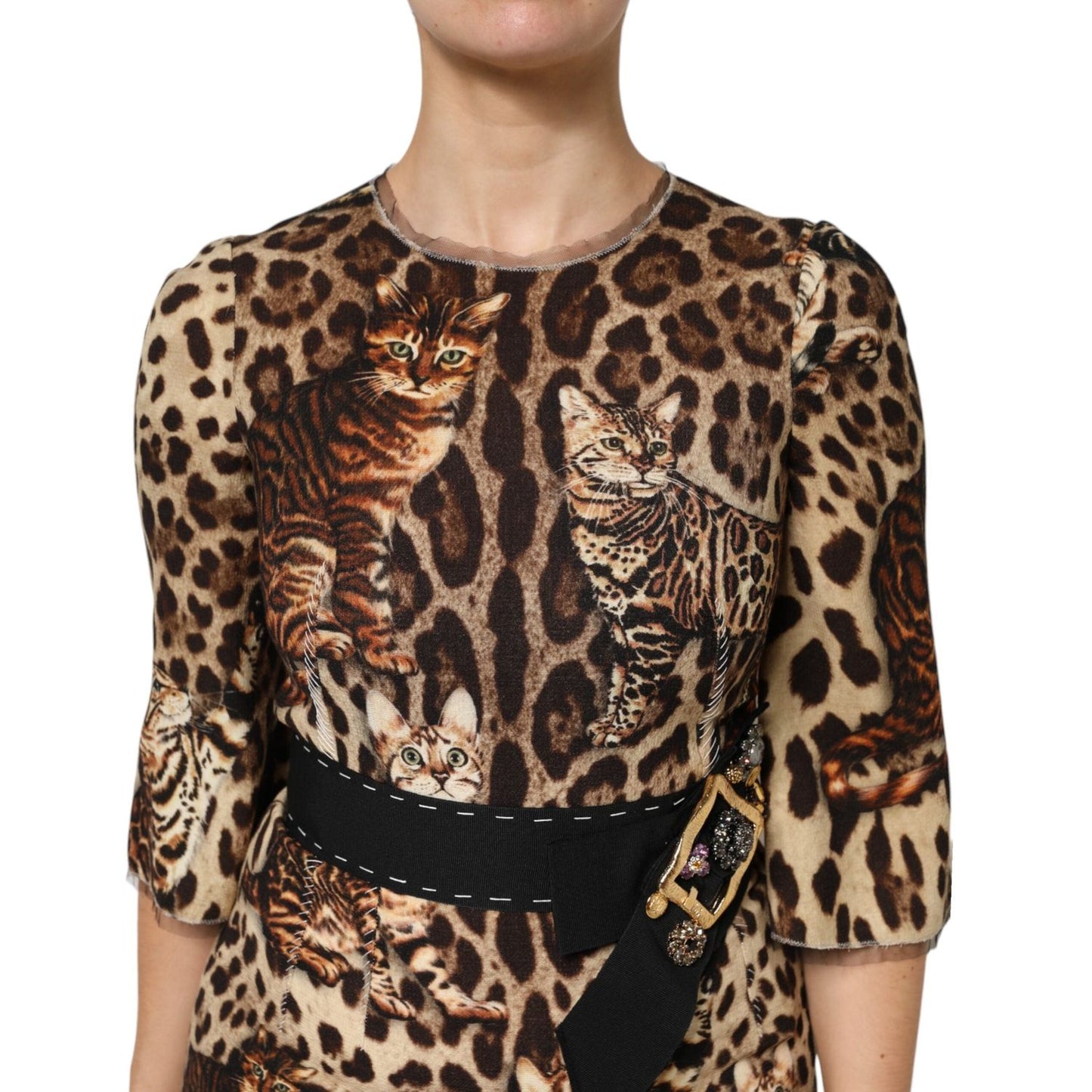 Dolce & Gabbana Brown Leopard Print Belted A-line Midi Dress