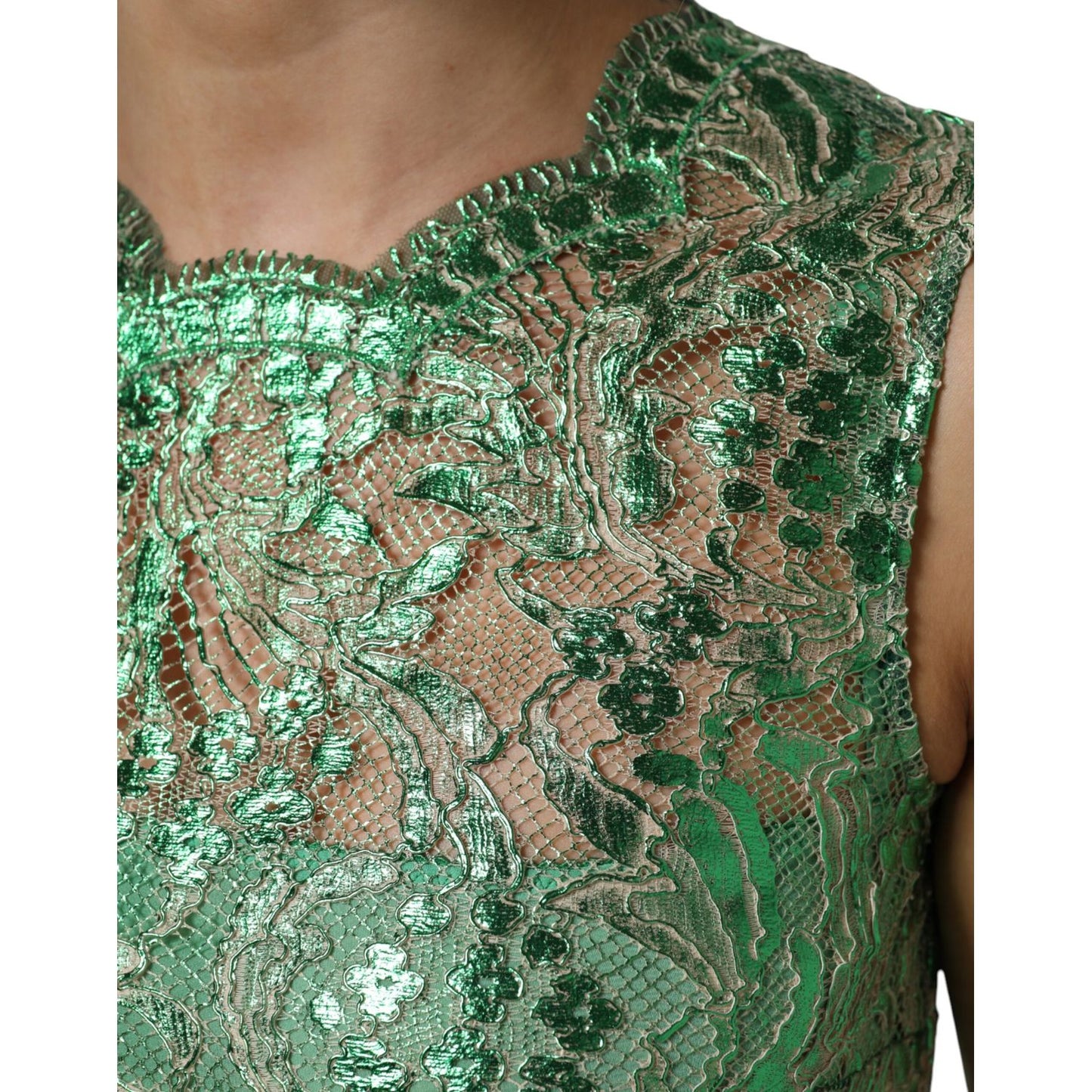 Dolce & Gabbana Green Cotton Floral Lace Sheath Midi Dress