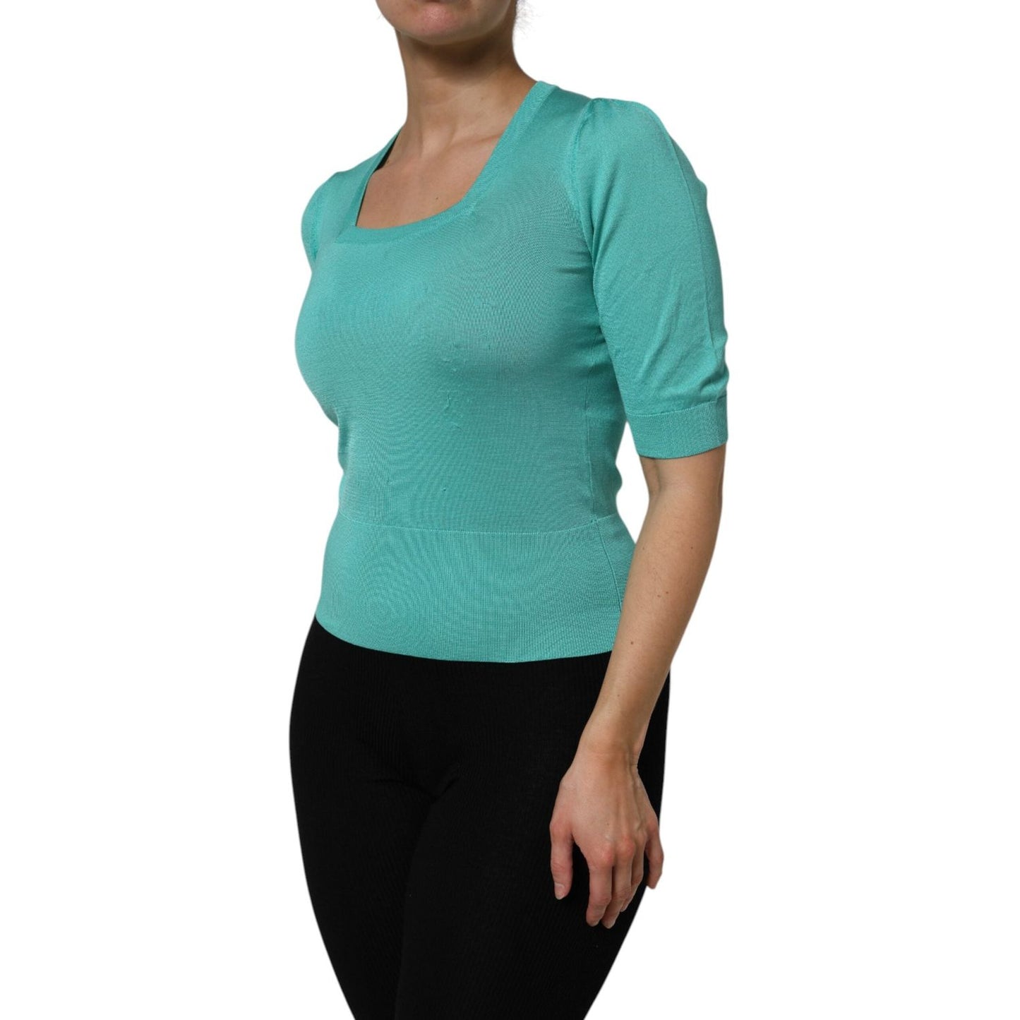 Dolce & Gabbana Aqua Blue Silk Short Sleeves Square Neck Top TSH87147-40