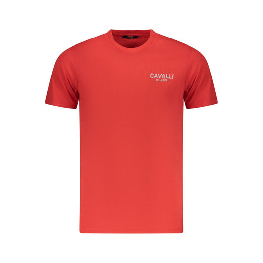 Cavalli Class Red Cotton Men T-Shirt with logo, short-sleeved crew neck for stylish comfort.