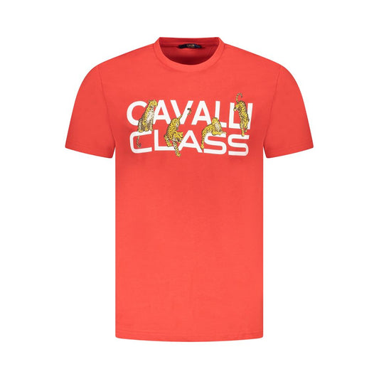 Cavalli Class Red Cotton Men T-Shirt with bold print and logo, short-sleeved, crafted for comfort and style.