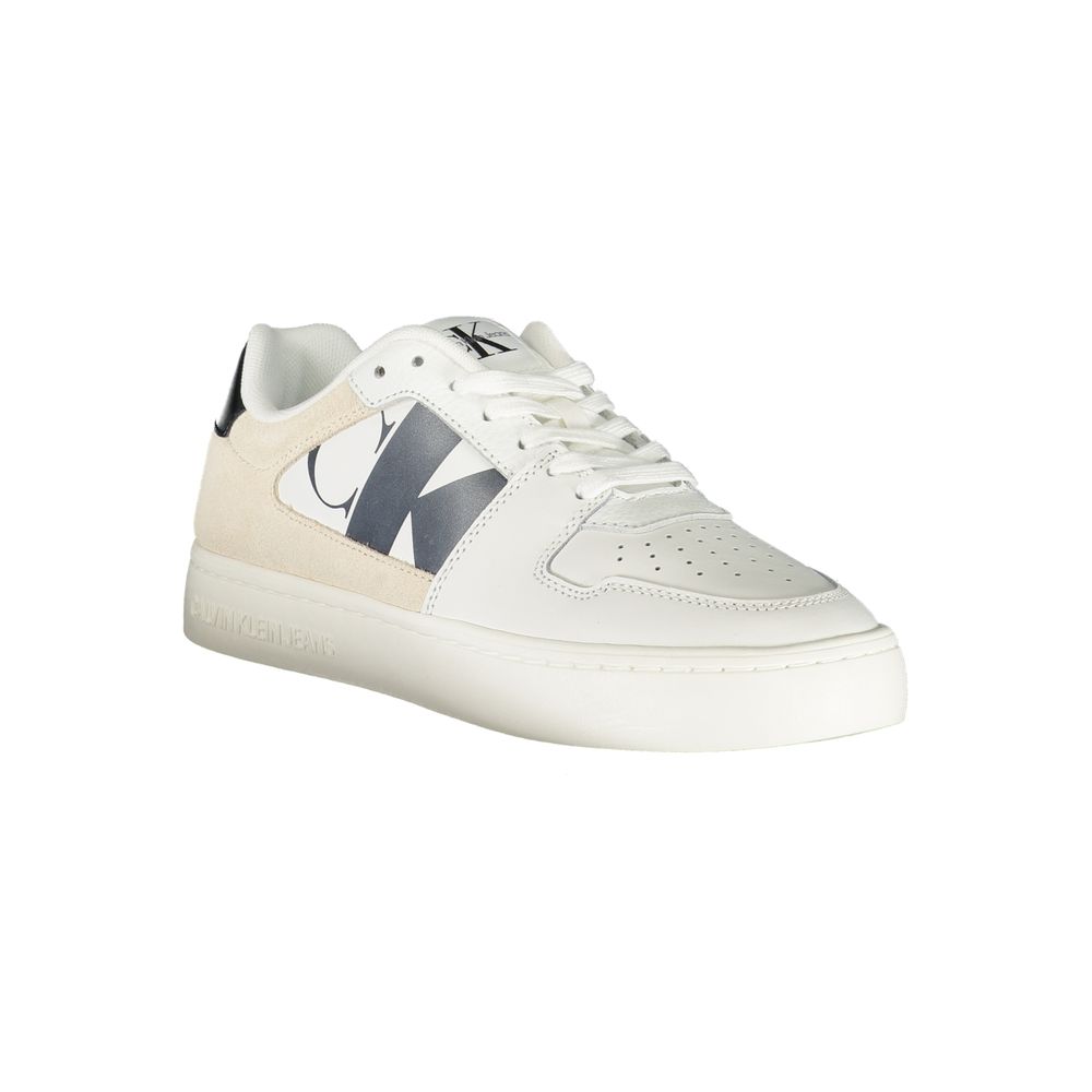 Calvin Klein White Polyester Sneaker with laces, contrast details, logo, and recycled rubber sole.