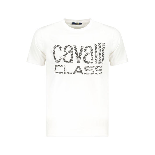 Cavalli Class White Cotton Men T-Shirt with distinctive logo print, short sleeve, crew neck, showcasing modern sophistication and comfort.