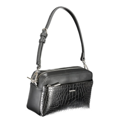 Calvin Klein Black Polyester Handbag with adjustable shoulder strap, external pocket, and logo detail.