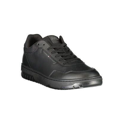 Tommy Hilfiger Black Leather Men Sneaker featuring a bold print, iconic logo, and removable footbed for tailored comfort.