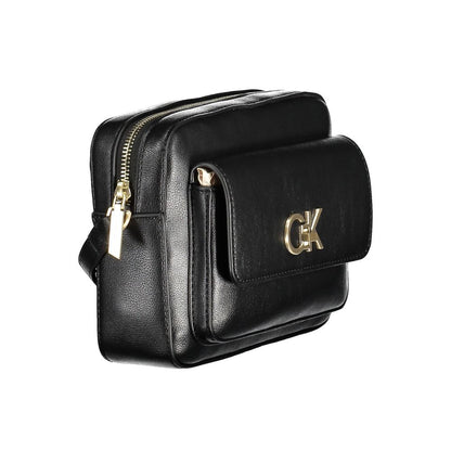 Calvin Klein Black Recycled Polyester Women Handbag with minimalist design and gold CK logo, featuring external pocket for practicality.