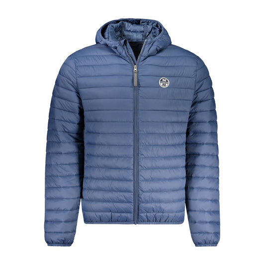 North Sails Blue Polyamide Men Jacket with hood, lightweight design, featuring zip front and logo on chest.