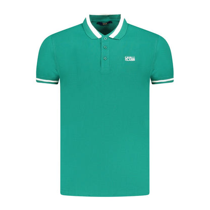 Cavalli Class Green Cotton Men Polo Shirt with embroidery logo, showcasing bold green hue and contrasting details for smart-casual style.