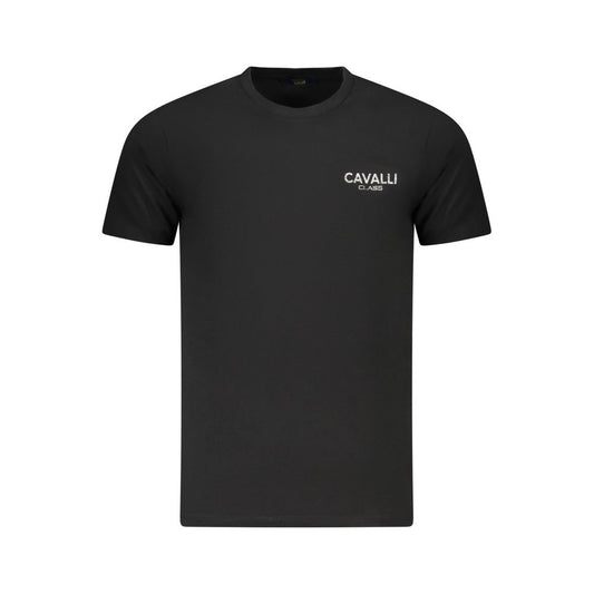 Cavalli Class Black Cotton Men T-Shirt with logo and stylish design for modern elegance.