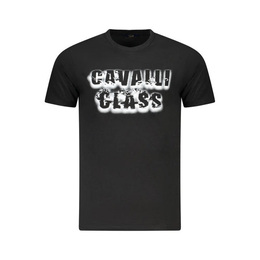 Cavalli Class Black Cotton Men T-Shirt with bold logo print on front, stylish short sleeve design for luxury fashion enthusiasts.