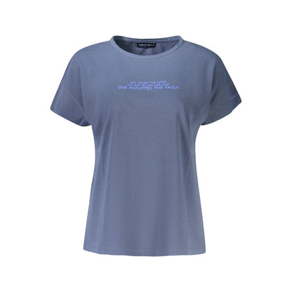 North Sails Blue Cotton Women T-Shirt with wide neck and embossed print, showcasing modern style in striking blue.