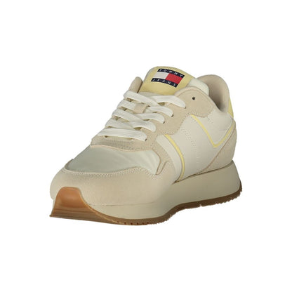 Tommy Hilfiger Beige Leather Women Sneaker with iconic logo and removable insole for style and comfort.