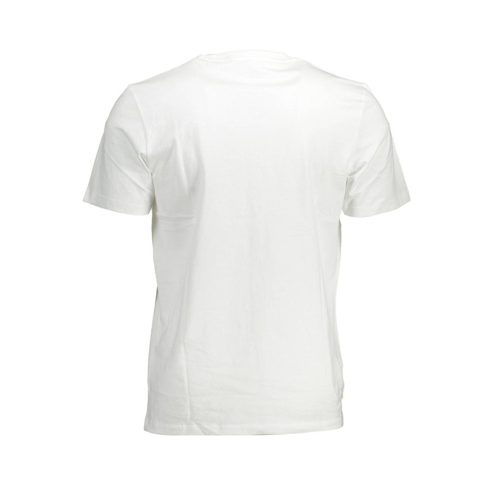 Rear view of Timberland White Cotton Men T-Shirt showcasing 100% organic cotton and regular fit design with short sleeves.