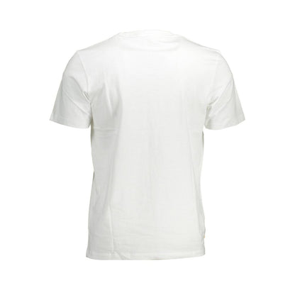 Rear view of Timberland White Cotton Men T-Shirt showcasing 100% organic cotton and regular fit design with short sleeves.