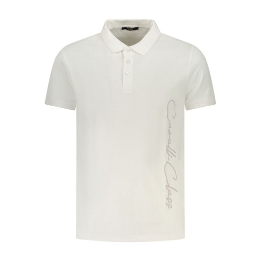Cavalli Class White Cotton Men Polo Shirt with print and logo detail, short-sleeved, crafted from fine cotton, classic three-button design.