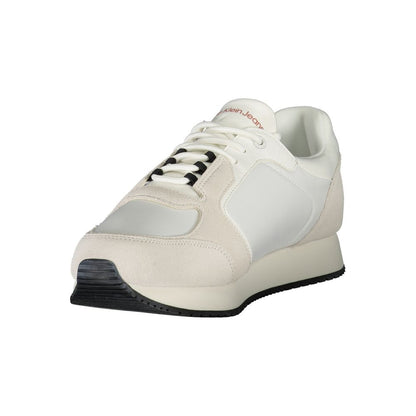 Calvin Klein White Leather Men Sneaker with sleek design, black detailing, and CK logo, featuring a recyclable material blend.