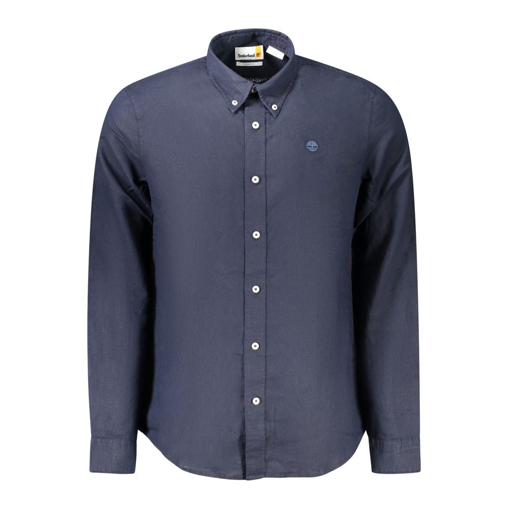 Timberland Blue Cotton Shirt, long sleeved, slim fit, button down collar, embroidery logo, ideal for casual or formal wear.