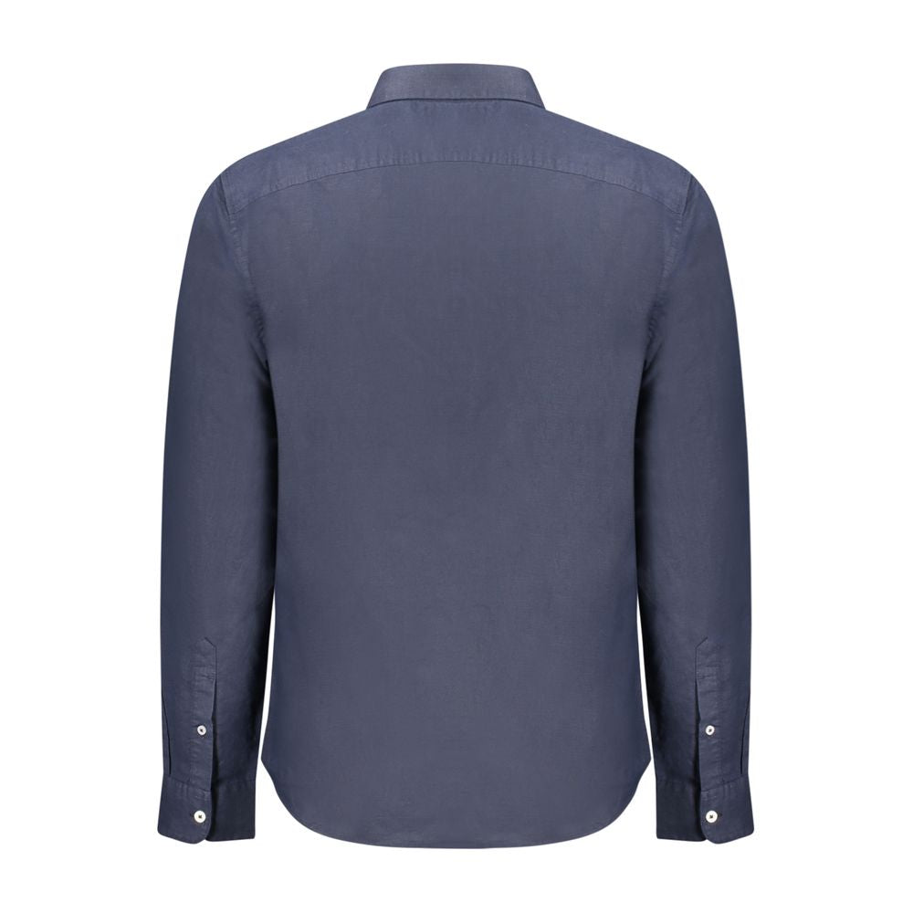 Back view of Timberland Blue Cotton Shirt, long-sleeved slim fit with button down collar and 1 button cuffs.