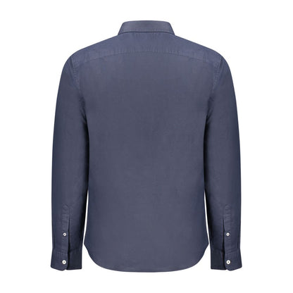 Back view of Timberland Blue Cotton Shirt, long-sleeved slim fit with button down collar and 1 button cuffs.
