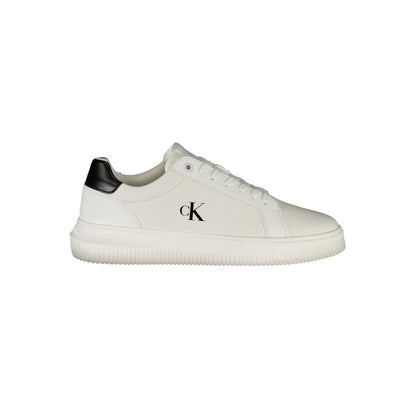 Calvin Klein White Leather Men Sneaker with black accents and iconic CK logo, featuring a modern design and removable footbed for comfort.