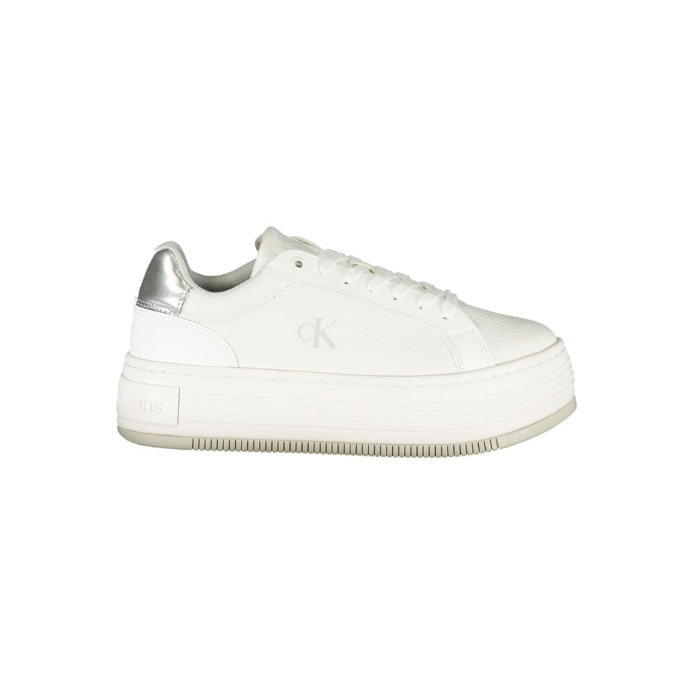 Calvin Klein White Leather Women Sneaker with silver accents and 4 cm wedge heel, featuring a sleek, stylish design.