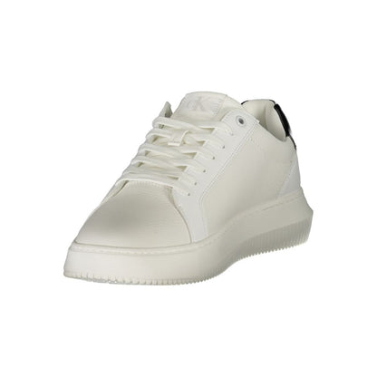 Calvin Klein White Leather Men Sneaker with black details, offering modern style and comfort with a removable footbed and iconic CK logo.