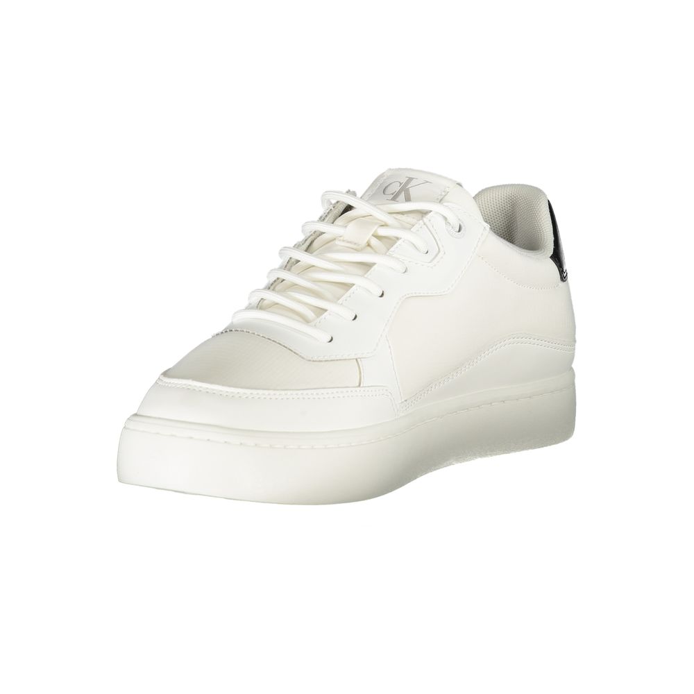 Calvin Klein White Polyester Men Sneaker with black accents and iconic CK logo, featuring a sleek design and removable footbed for comfort.