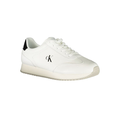 Calvin Klein White Leather Men Sneaker with black accents and logo, featuring a removable footbed for comfort and sleek style.
