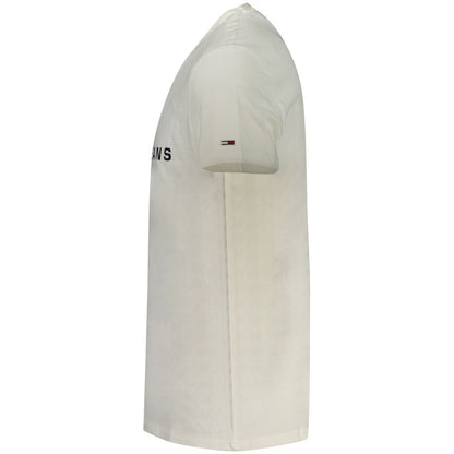 Side view of Tommy Hilfiger White Cotton Men T-Shirt with logo, showcasing premium regenerative cotton design for eco-friendly fashion.