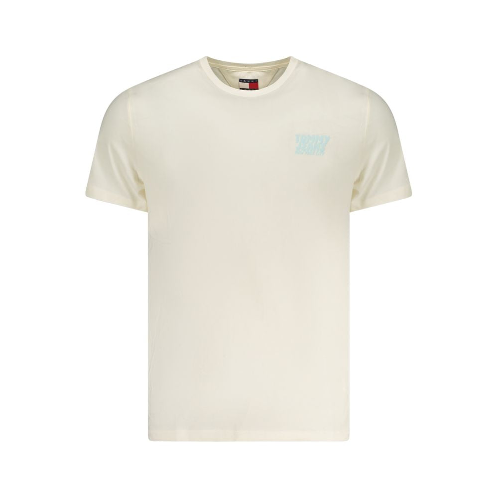 Tommy Hilfiger Beige Cotton Men T-Shirt with short sleeves and crew neck, featuring iconic logo, made of regenerative cotton for sustainable fashion.