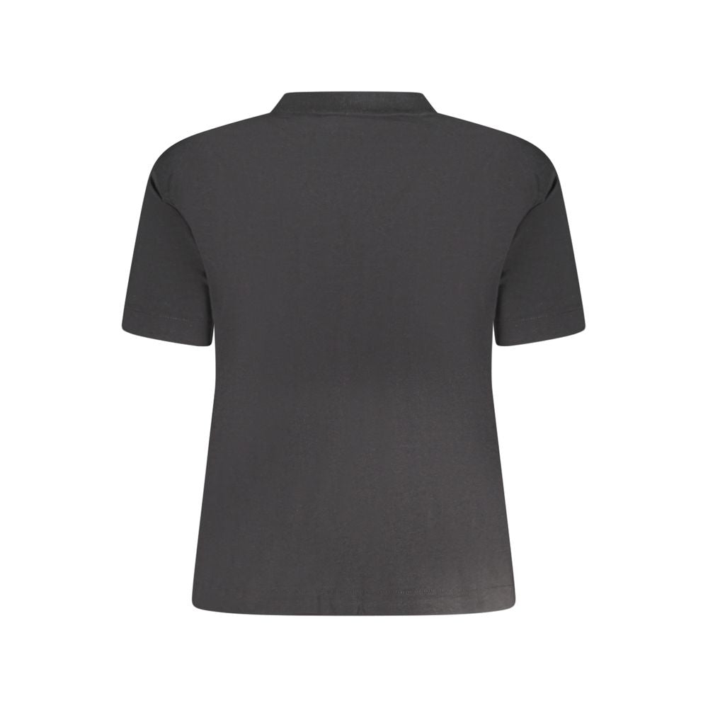 Back view of Calvin Klein Black Cotton Women T-Shirt with crew neck design and logo detail, offering comfort and style.