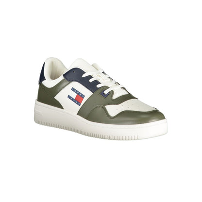 Tommy Hilfiger Green Leather Men Sneaker with blue and white accents featuring iconic logo.