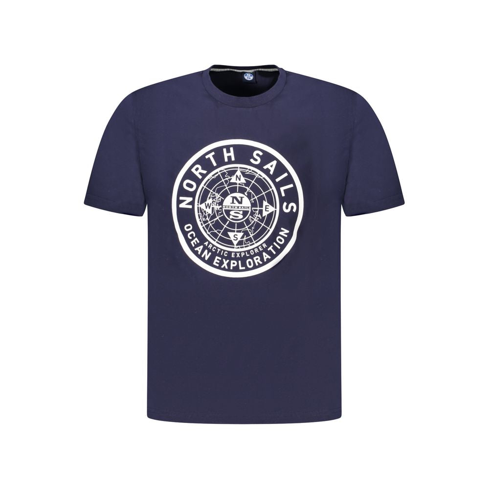 North Sails Blue Cotton Men T-Shirt with bold logo on front, ideal for seafarers and urban explorers seeking comfort and style.