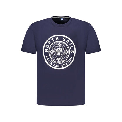 North Sails Blue Cotton Men T-Shirt with bold logo on front, ideal for seafarers and urban explorers seeking comfort and style.