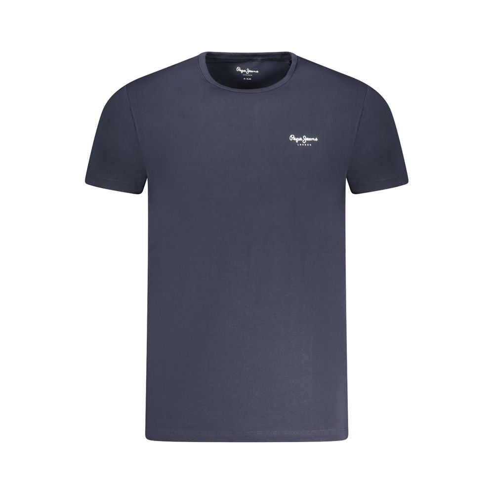 Pepe Jeans Blue Cotton Men T-Shirt with slim-fit crew neck and logo, featuring 95% cotton and 5% elastane for comfort and style.