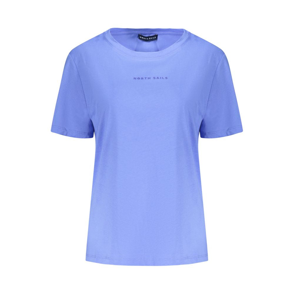 North Sails Blue Cotton Women T-Shirt with embossed logo and wide neck, perfect for a trendy nautical look. Soft, breathable fabric for comfort.
