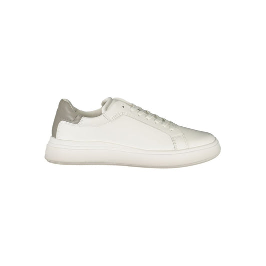 Calvin Klein White Polyester Sneaker with grey contrast, lace-up design, removable footbed, and printed logo.