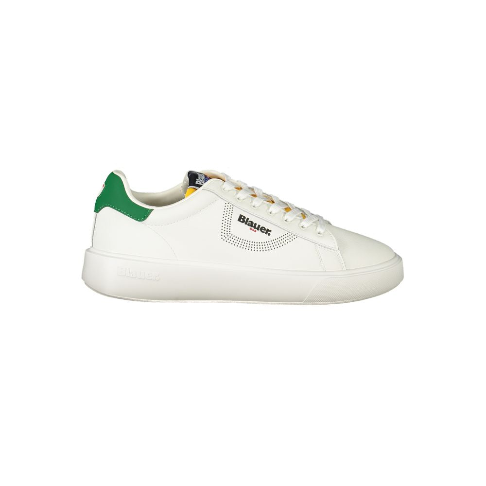 Blauer White Leather Men Sneaker with green accents and dynamic print, showcasing trendy street style and comfort.