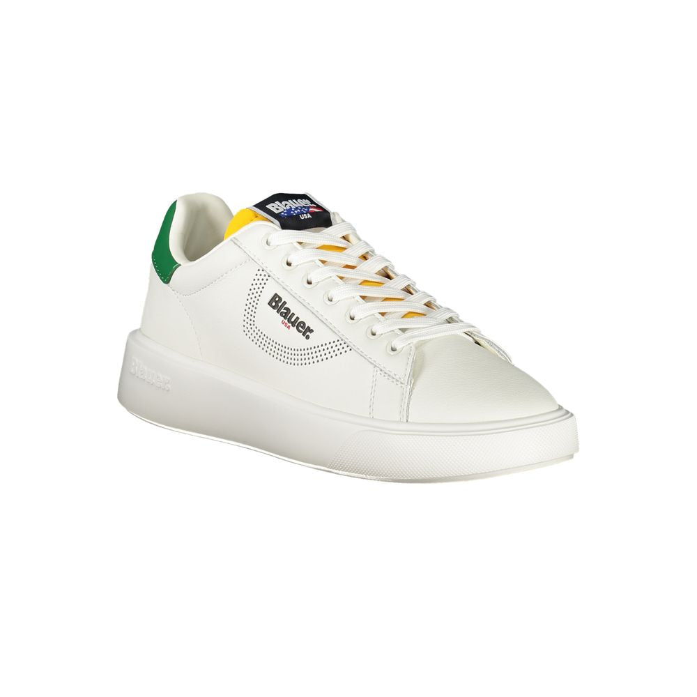 Blauer White Leather Men Sneaker with green accents and dynamic print, premium lace-up design with Blauer logo for trendy street style.