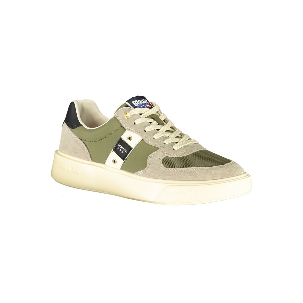 Blauer Green Leather Men Sneaker with durable leather, polyester blend; features bold green palette, iconic Blauer logo.