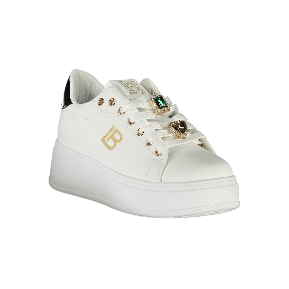 Laura Biagiotti White Synthetic Women Sneaker with rhinestone embellishments and 4 cm wedge, showcasing modern style and comfort.