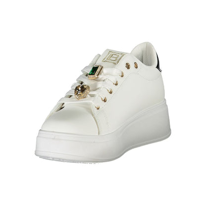 Alt Tag: Laura Biagiotti White Synthetic Women Sneaker with rhinestone embellishments and 4 cm wedge for stylish comfort.