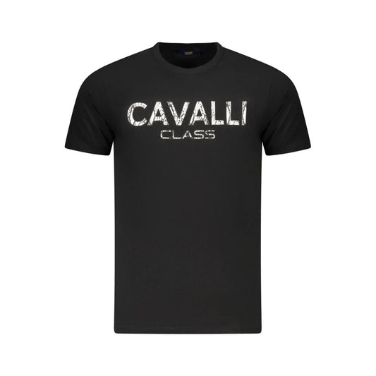 Cavalli Class Black Cotton Men T-Shirt with bold logo print, showcasing high-fashion style and comfort for the fashion-forward individual.