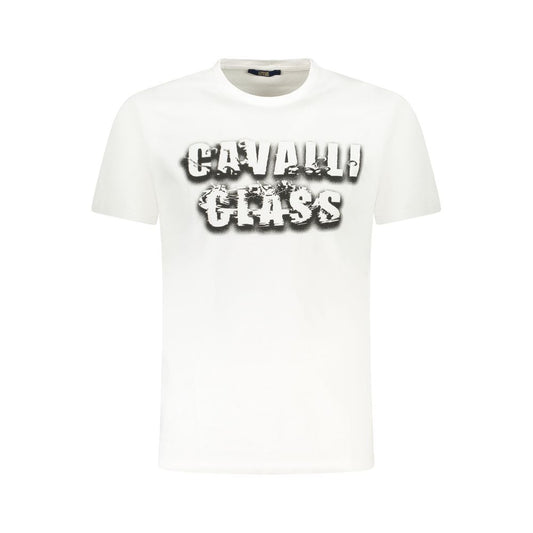 Cavalli Class White Cotton Men T-Shirt with bold logo print, short-sleeve crew neck premium cotton tee for casual luxury style.