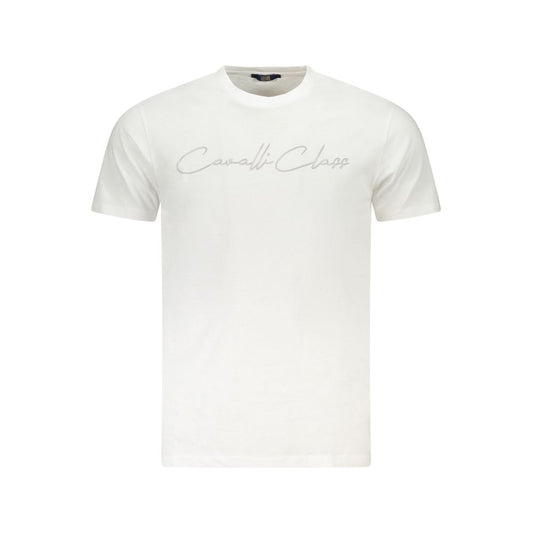 Cavalli Class White Cotton Mens TShirt with logo print, crew neck design for casual sophistication and contemporary style.