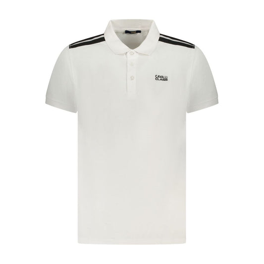 Cavalli Class White Cotton Men Polo Shirt with short sleeves, contrasting details, and logo embroidery for a modern, elegant look.