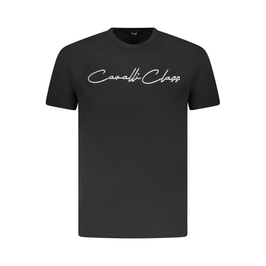 Cavalli Class Black Cotton Men T-Shirt with logo and bold design, short sleeve, crew neck, luxury Italian fashion.