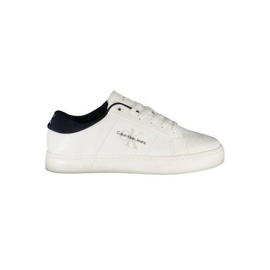 Calvin Klein White Leather Men Sneaker with blue accents showcasing modern design and sustainable 50% recycled thermoplastic rubber sole.